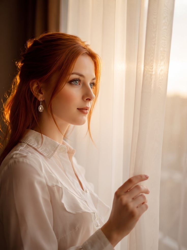 Woman with red hair and blue eyes looking out a window with soft backlight