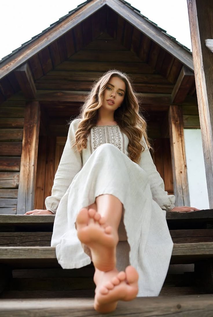 Woman in an embroidered dress sitting on wooden steps with bare feet