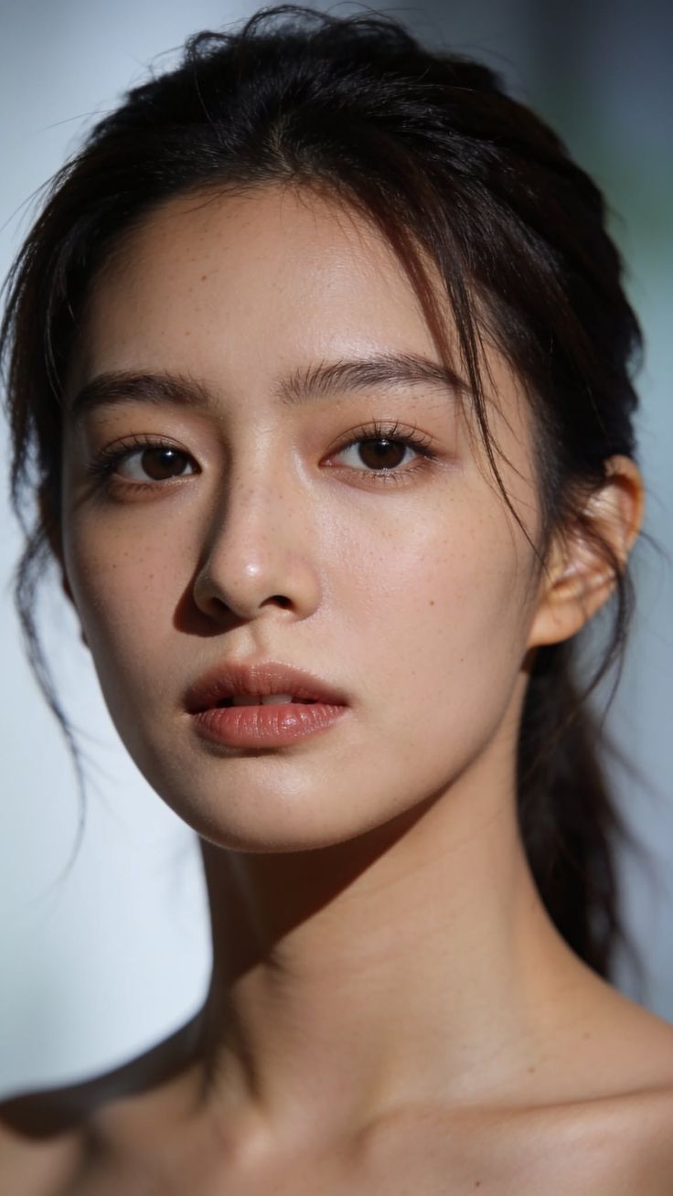 Close-up portrait of a woman with dark hair and freckles, looking directly at the viewer