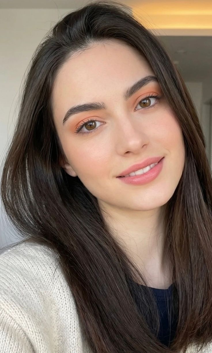 Woman with long brown hair and orange eyeshadow smiling at the camera