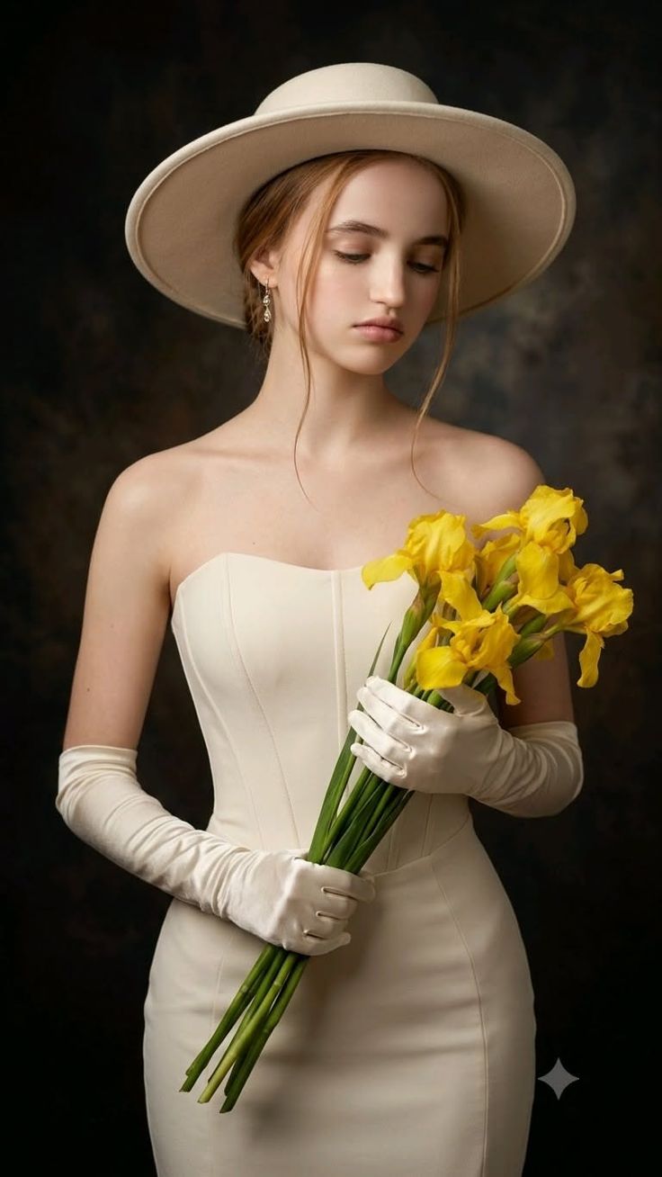 Woman in a strapless dress, hat, and gloves holding yellow flowers