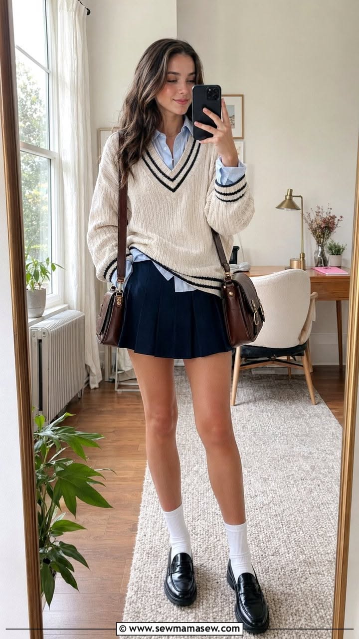Woman in a pleated skirt and v-neck sweater taking a mirror selfie indoors