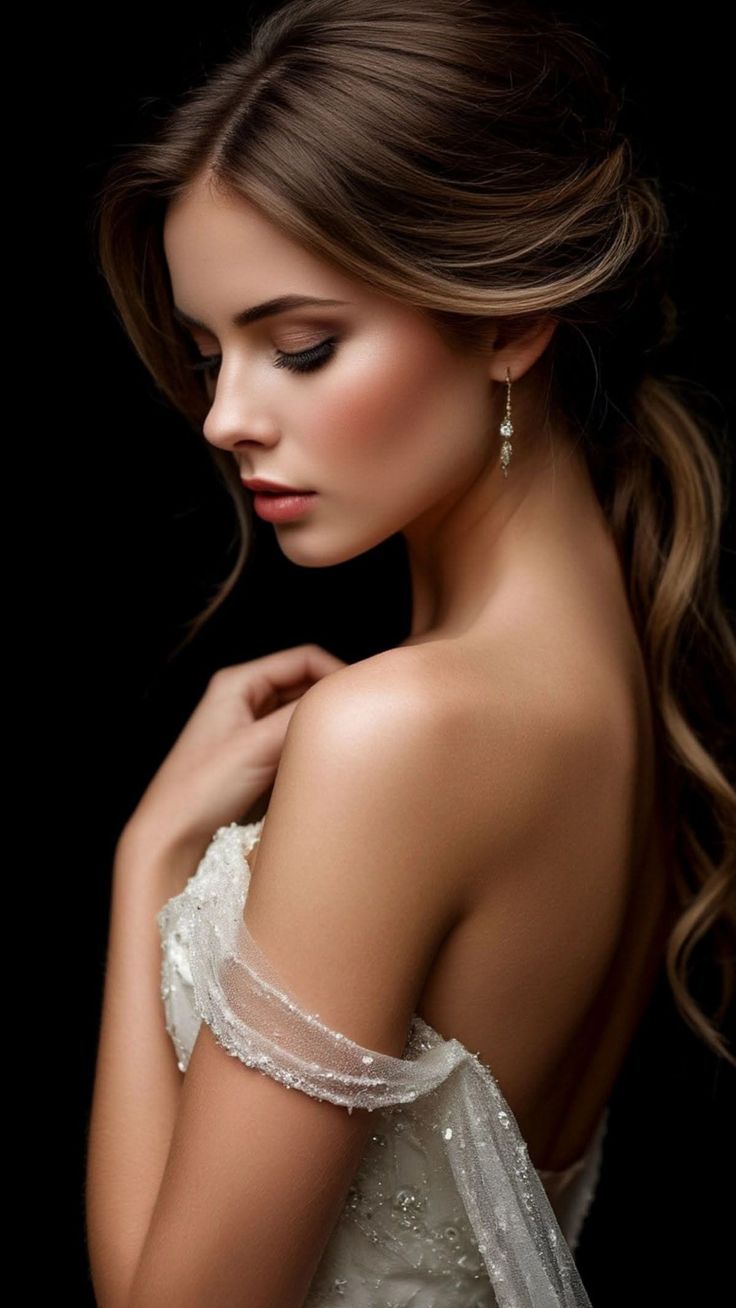 Woman in a wedding dress with long hair and jewelry against a dark background