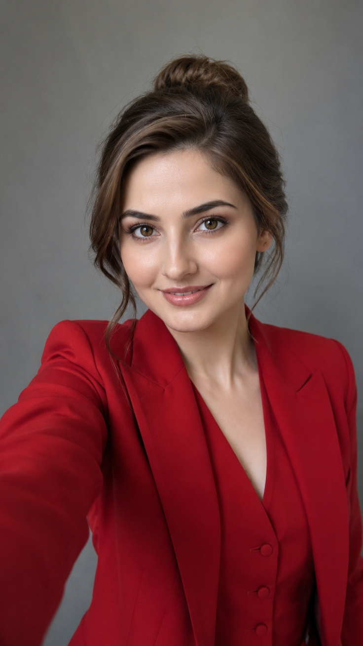 Woman in a red blazer with an updo hairstyle smiling at the camera