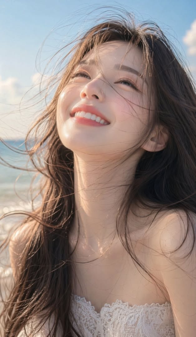 Woman with long hair smiling on a beach with soft lighting