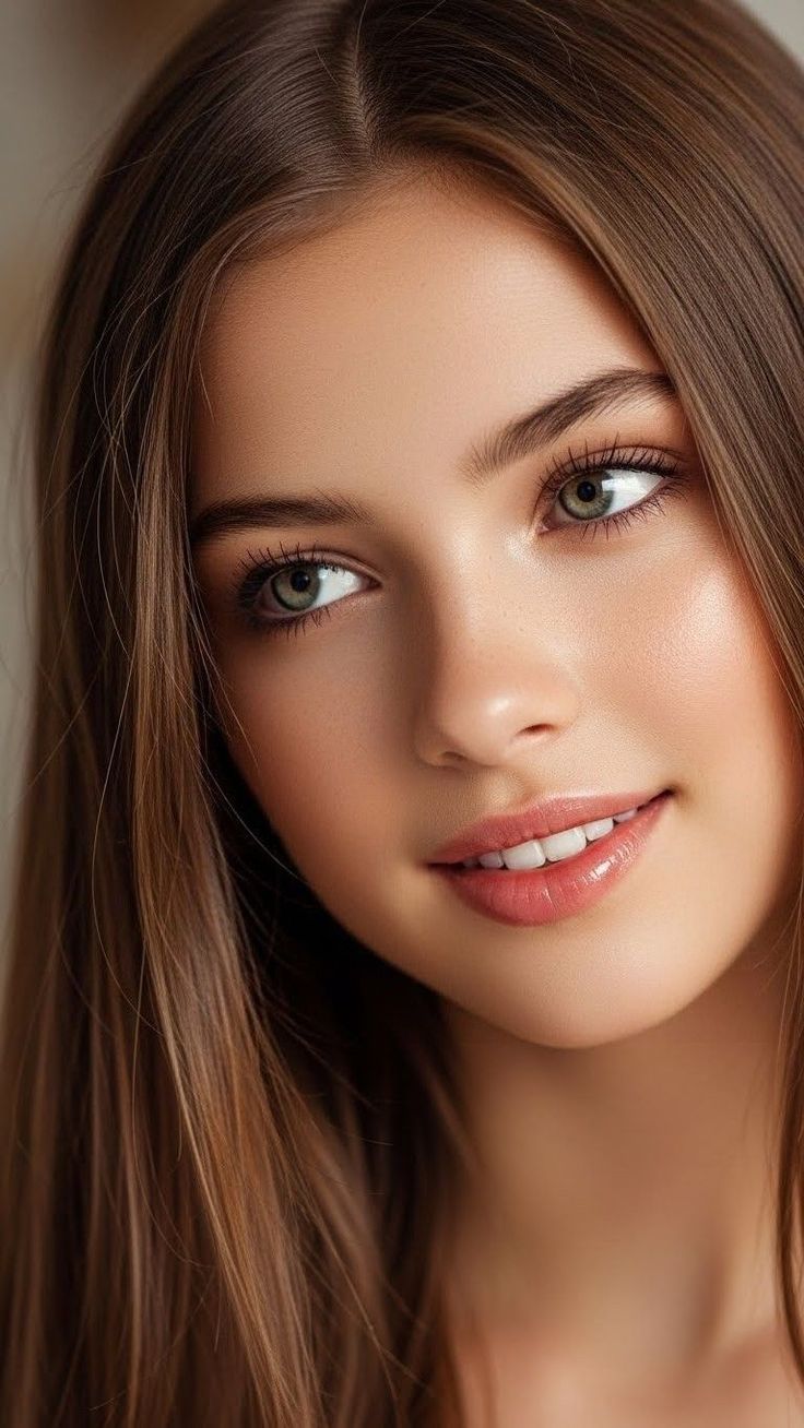 Close up portrait of a young woman with long brown hair and green eyes