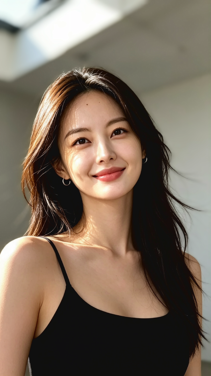 Woman with long dark hair and a black top smiling in soft sunlight