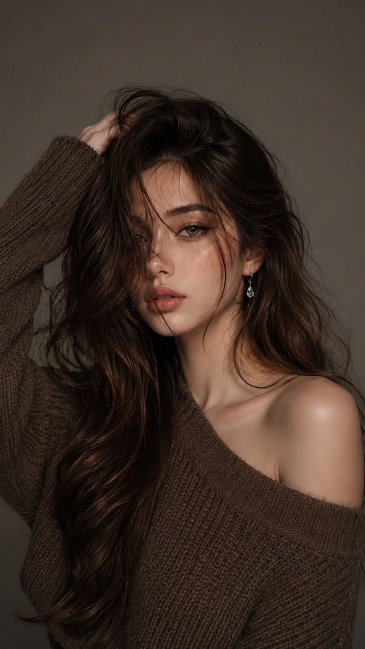 Woman with long brown hair and a brown off-the-shoulder sweater