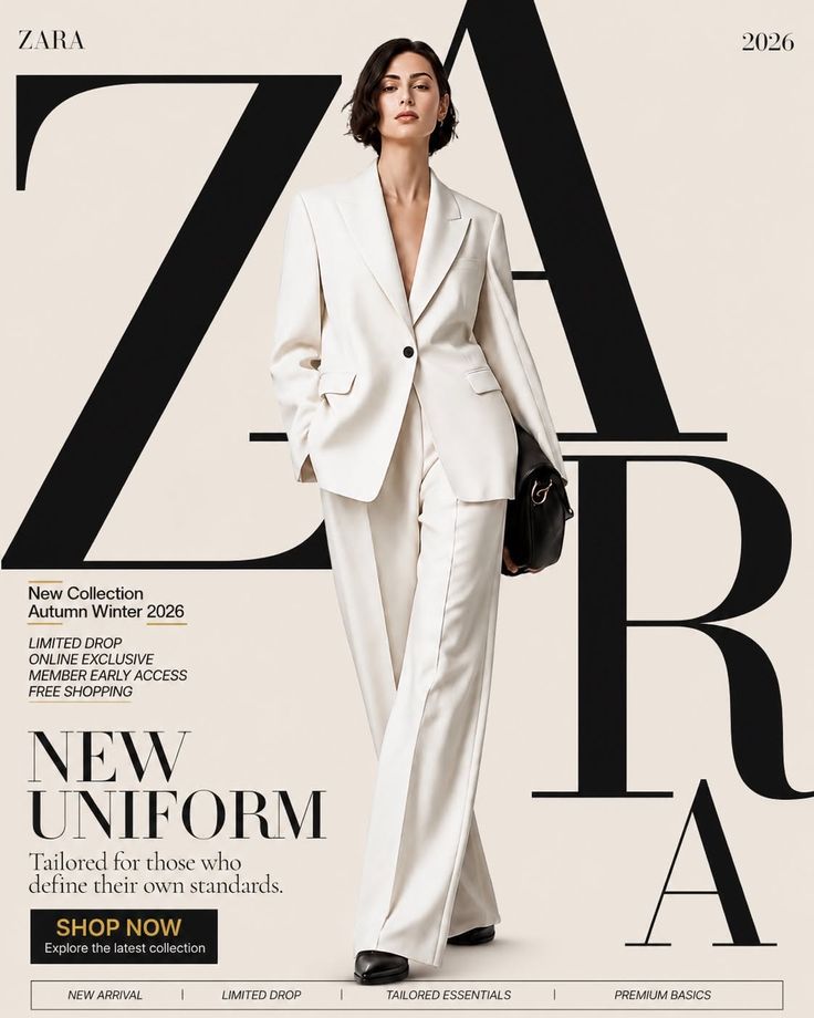 Woman in a white suit holding a black handbag in a studio setting