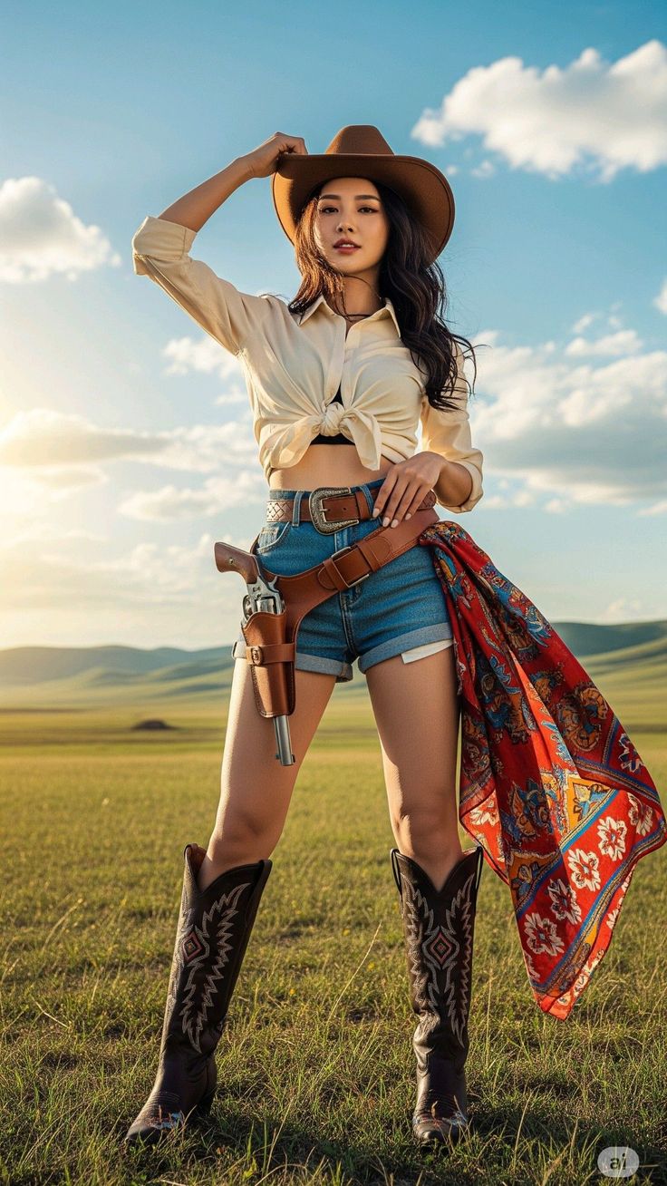 Woman in cowboy attire posing in a grassy field at golden hour