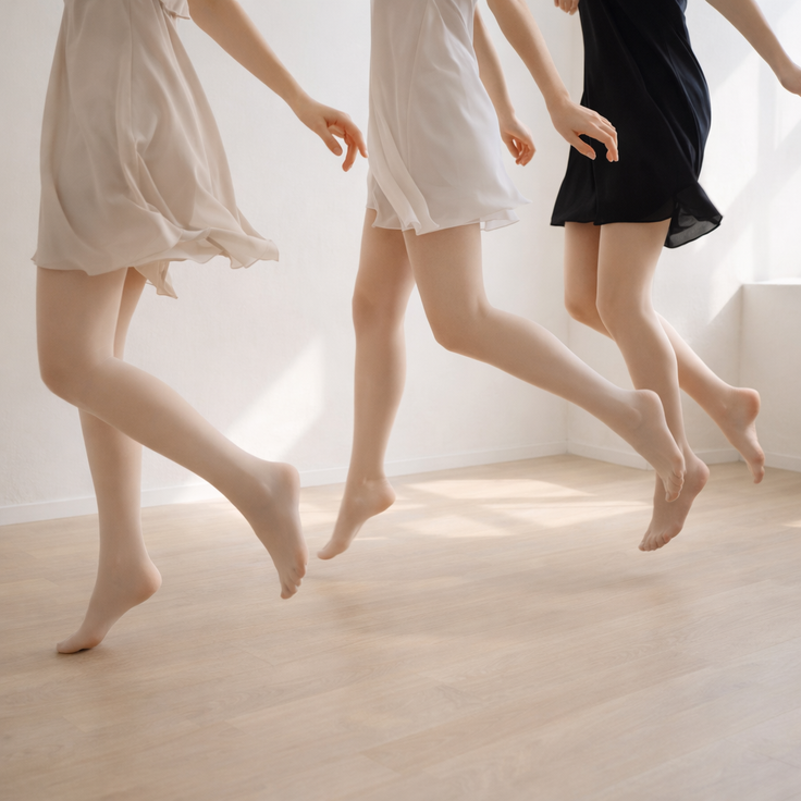 Three people in dresses jumping indoors with soft lighting