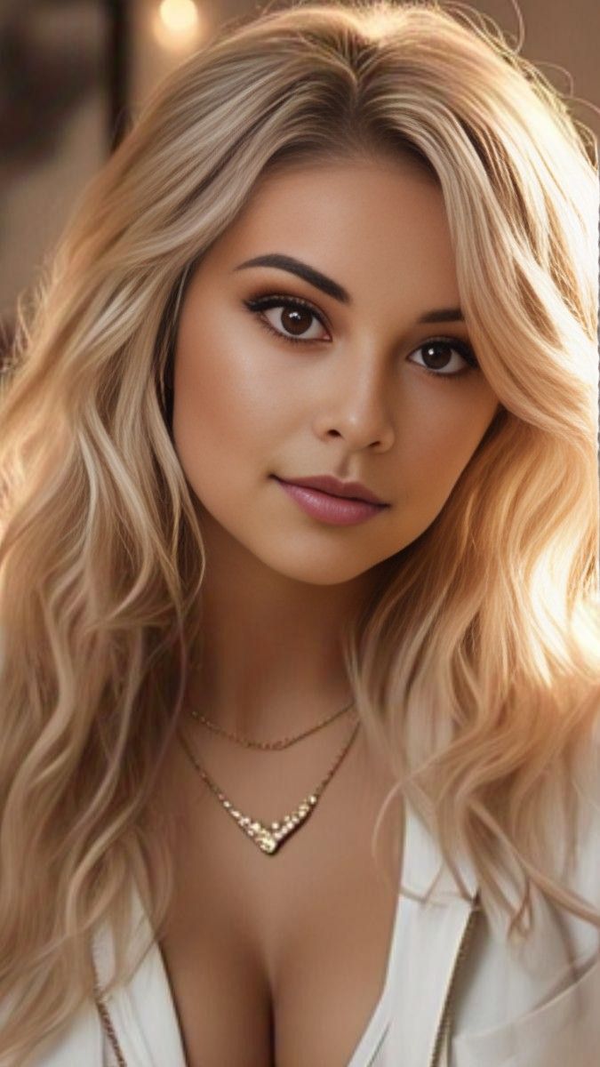 Woman with blonde wavy hair and a necklace, showing cleavage