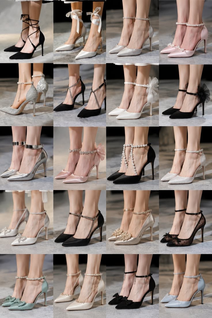 Multiple pairs of elegant high heels with various ankle straps and embellishments