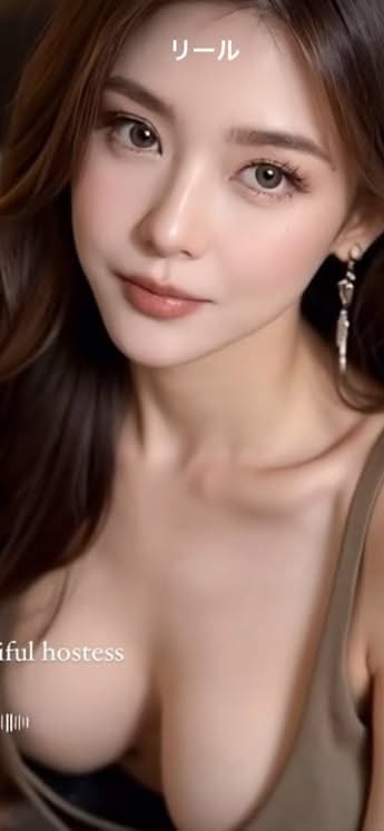 Woman with long brown hair and earrings, showing cleavage