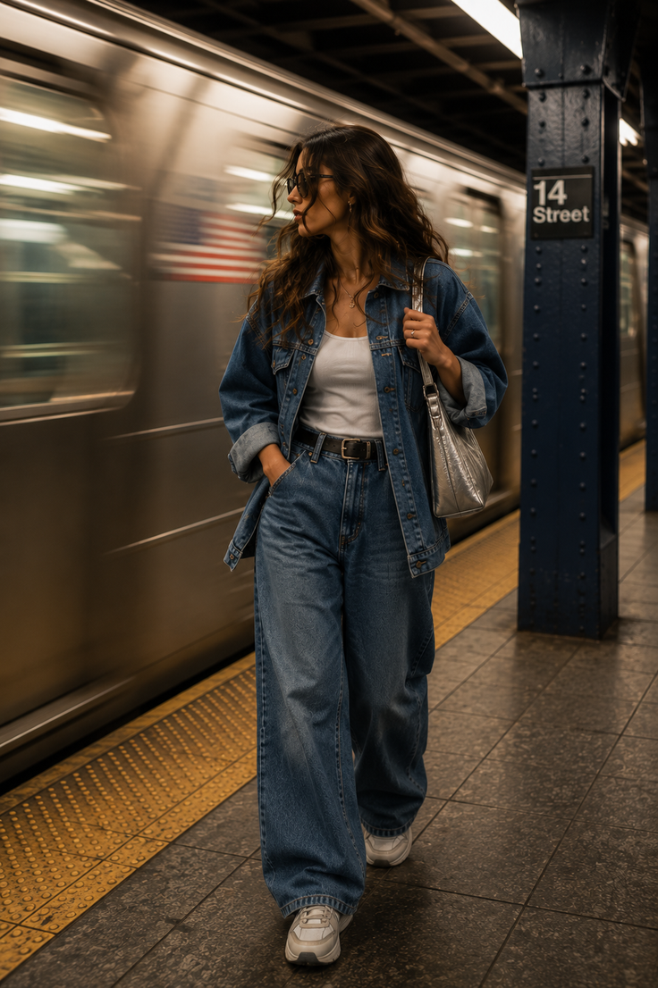 Woman in a denim outfit walking on a subway platform with a blurred train