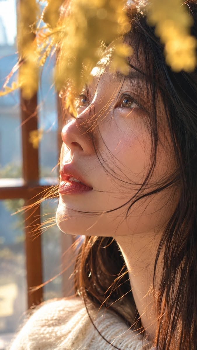 Woman with long hair looking up, bathed in golden hour light indoors