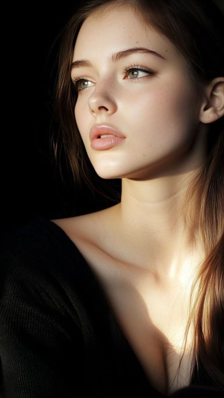 Woman with long hair and freckles, lit by soft backlight against a dark background