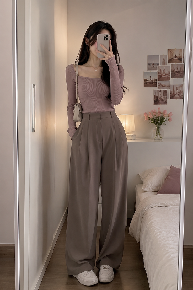 Woman in a ribbed top and wide leg pants taking a mirror selfie indoors