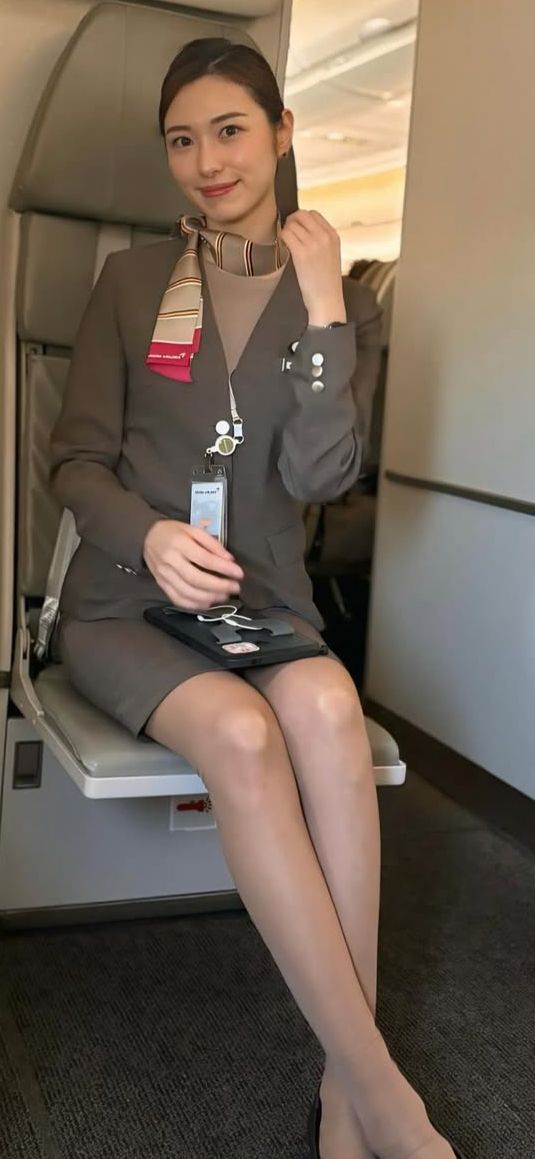 Woman in a flight attendant uniform sitting in an airplane cabin