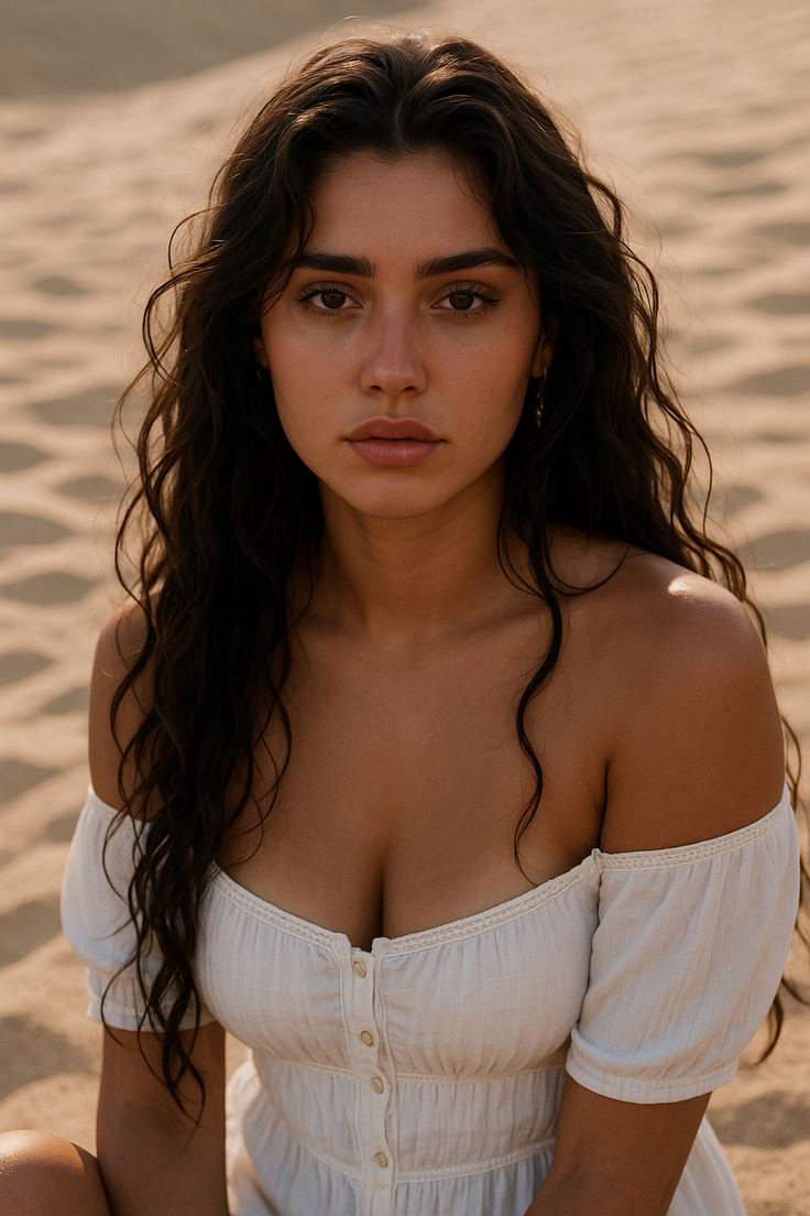 Woman with long wavy hair in a white off-shoulder dress in the desert
