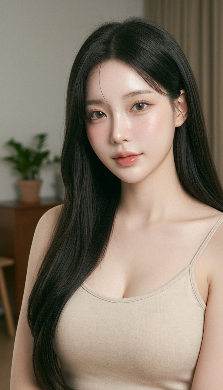 Woman with long black hair wearing a spaghetti strap top indoors