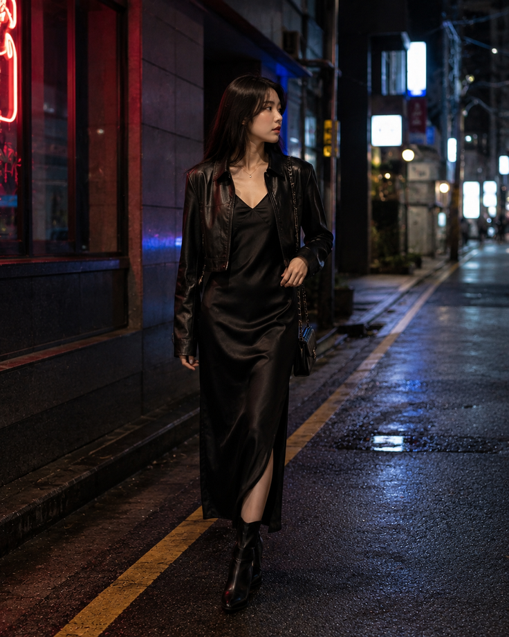 Woman in a black dress and leather jacket walking on a wet city street at night