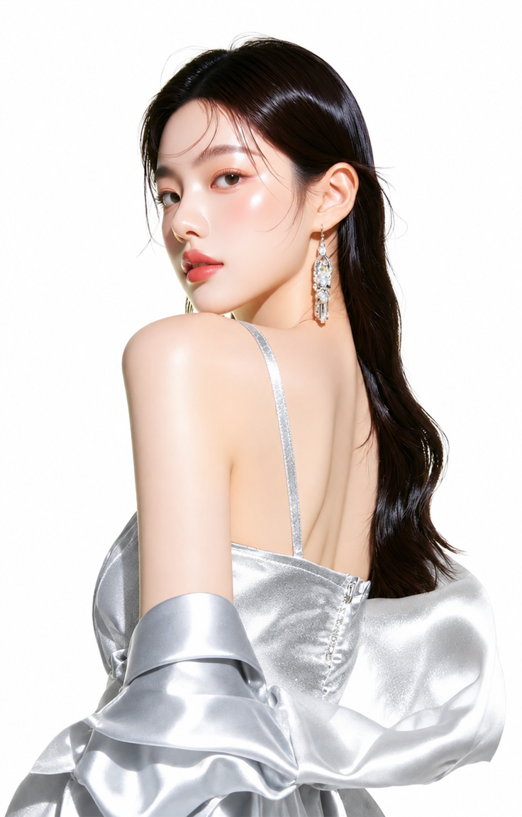 Woman in a silver dress with long dark hair and elegant earrings looking over her shoulder