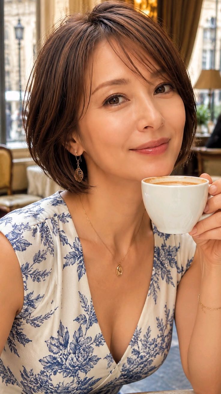 Woman with short hair in a blue floral dress holding a coffee cup