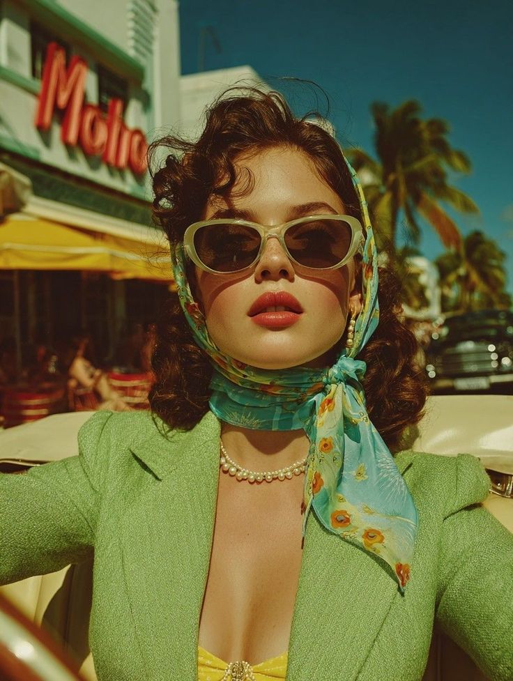 Woman in vintage style with sunglasses and head scarf in bright sunlight