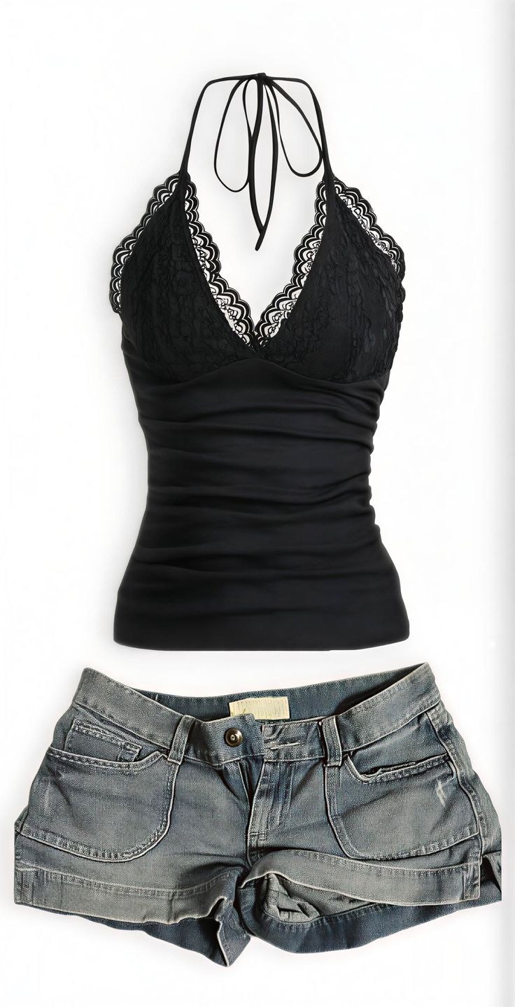 Black halter top with lace trim and denim shorts on a white background