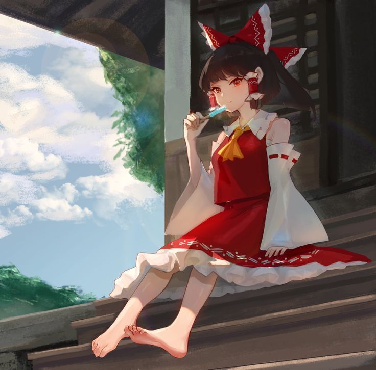 Anime girl in a red dress sitting outdoors and eating a popsicle