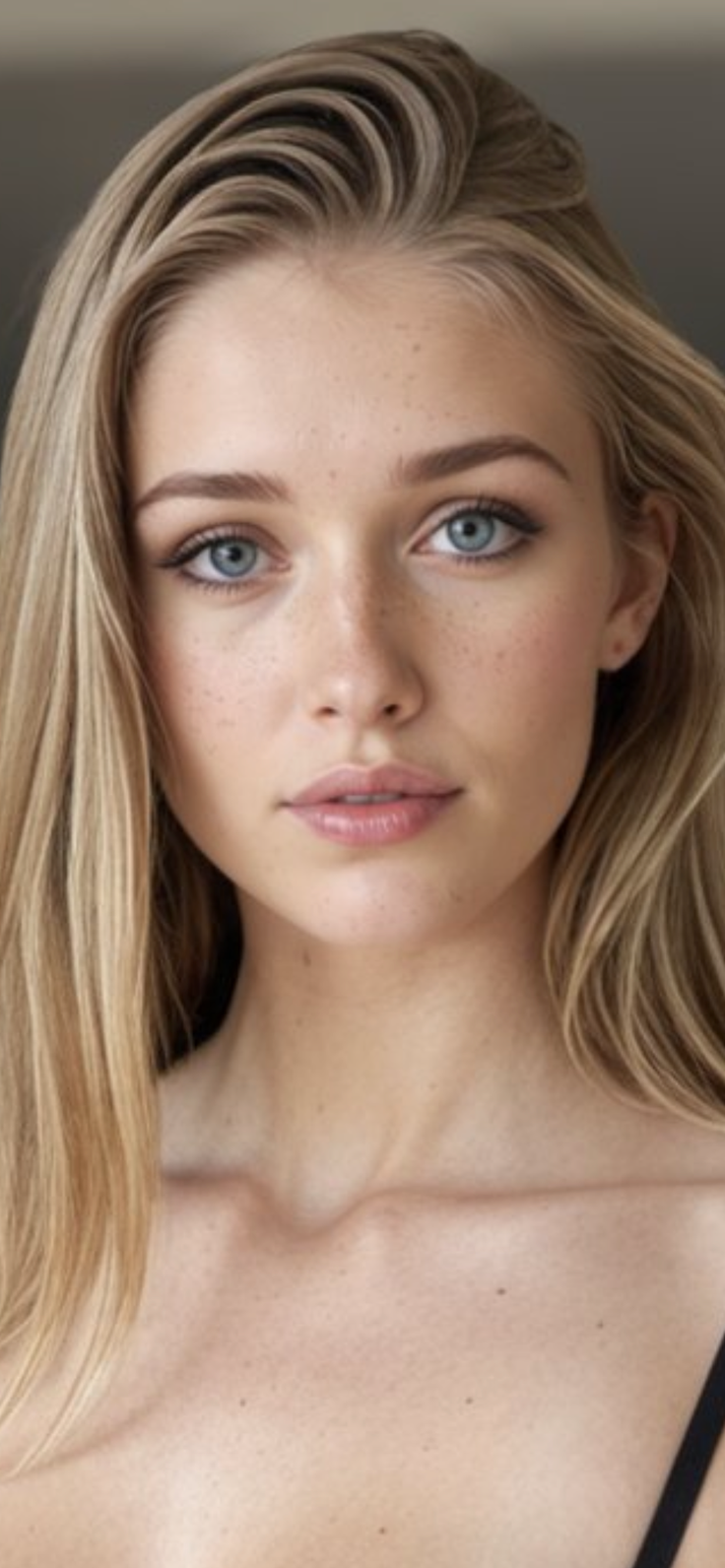 Close-up portrait of a woman with blonde hair and blue eyes