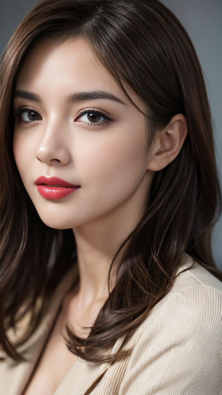 Woman with long brown hair and red lipstick in a close-up portrait