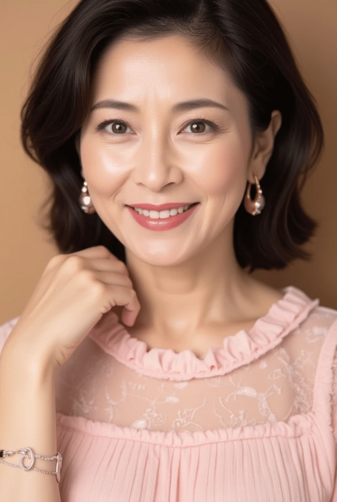 Woman with short dark hair wearing a pink top with lace detail and jewelry