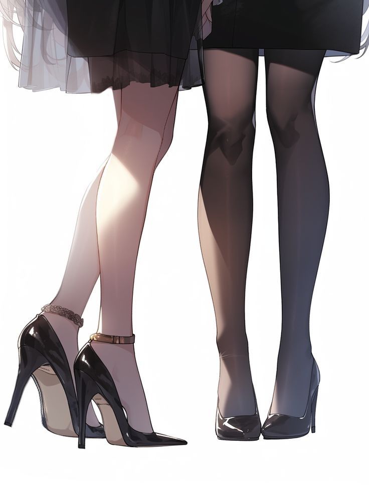 Two women in black dresses and high heels, one with sheer tights