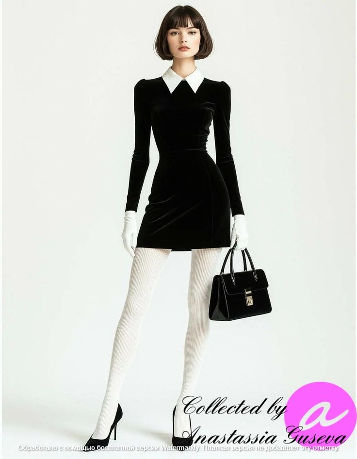 Woman in a black velvet dress with a white collar and white tights posing in a studio
