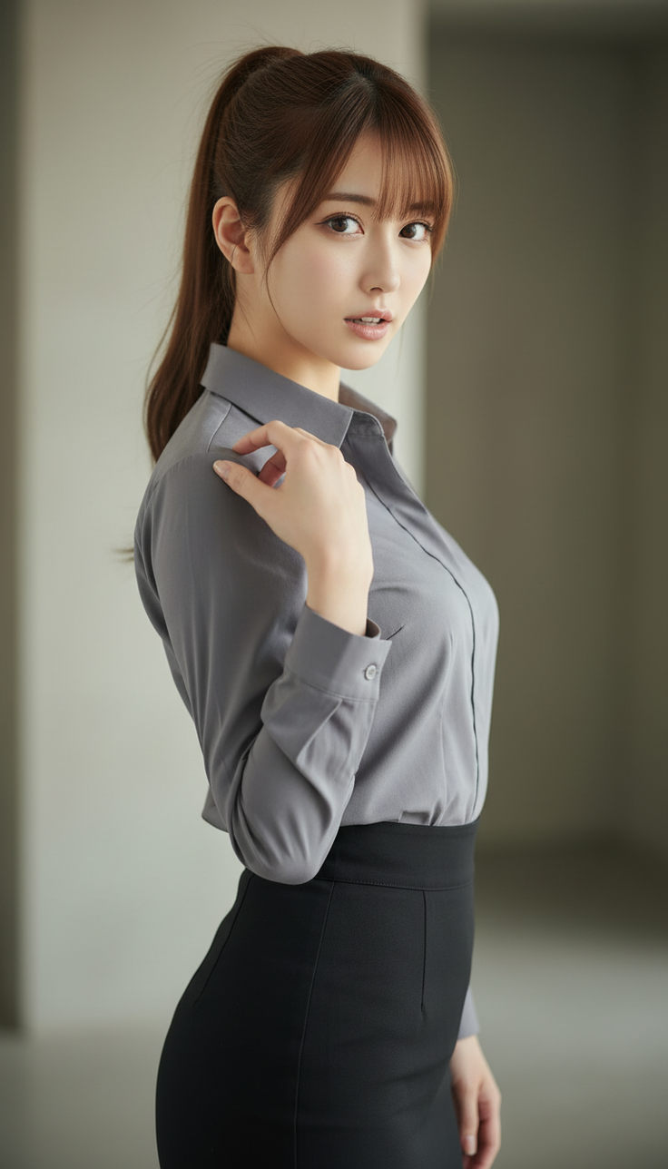 Woman with a ponytail wearing a grey shirt and black skirt indoors