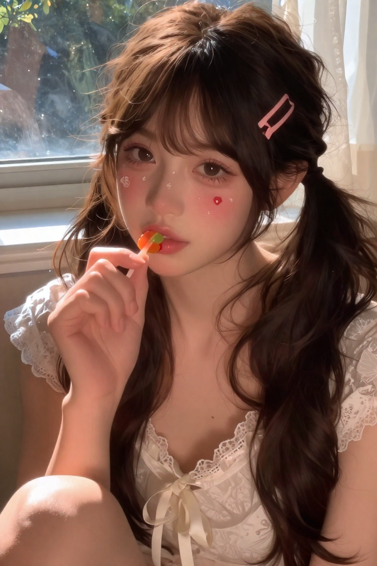 Woman with pigtails and elf ears holding a lollipop, with soft lighting