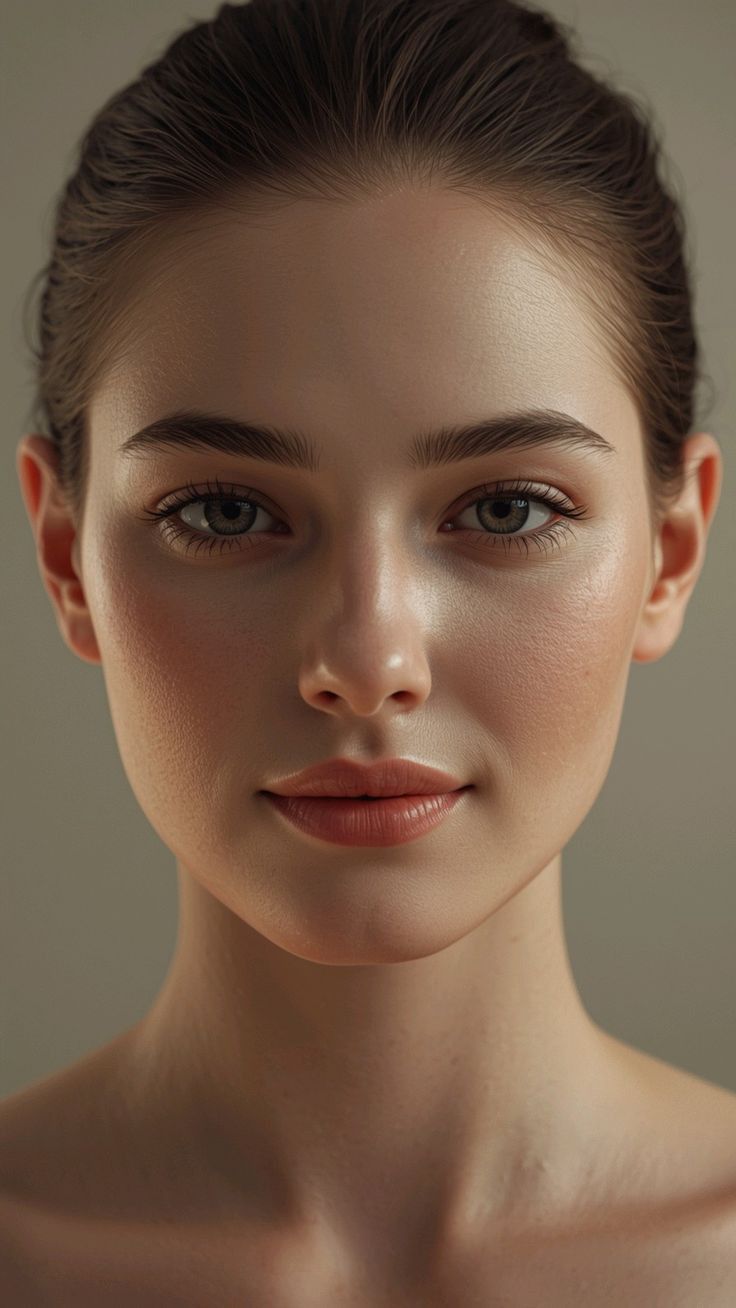 Realistic portrait of a woman with brown hair in an updo and natural makeup