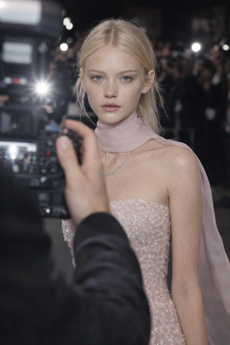 Woman with blonde hair in a sequined strapless dress and choker at a red carpet event
