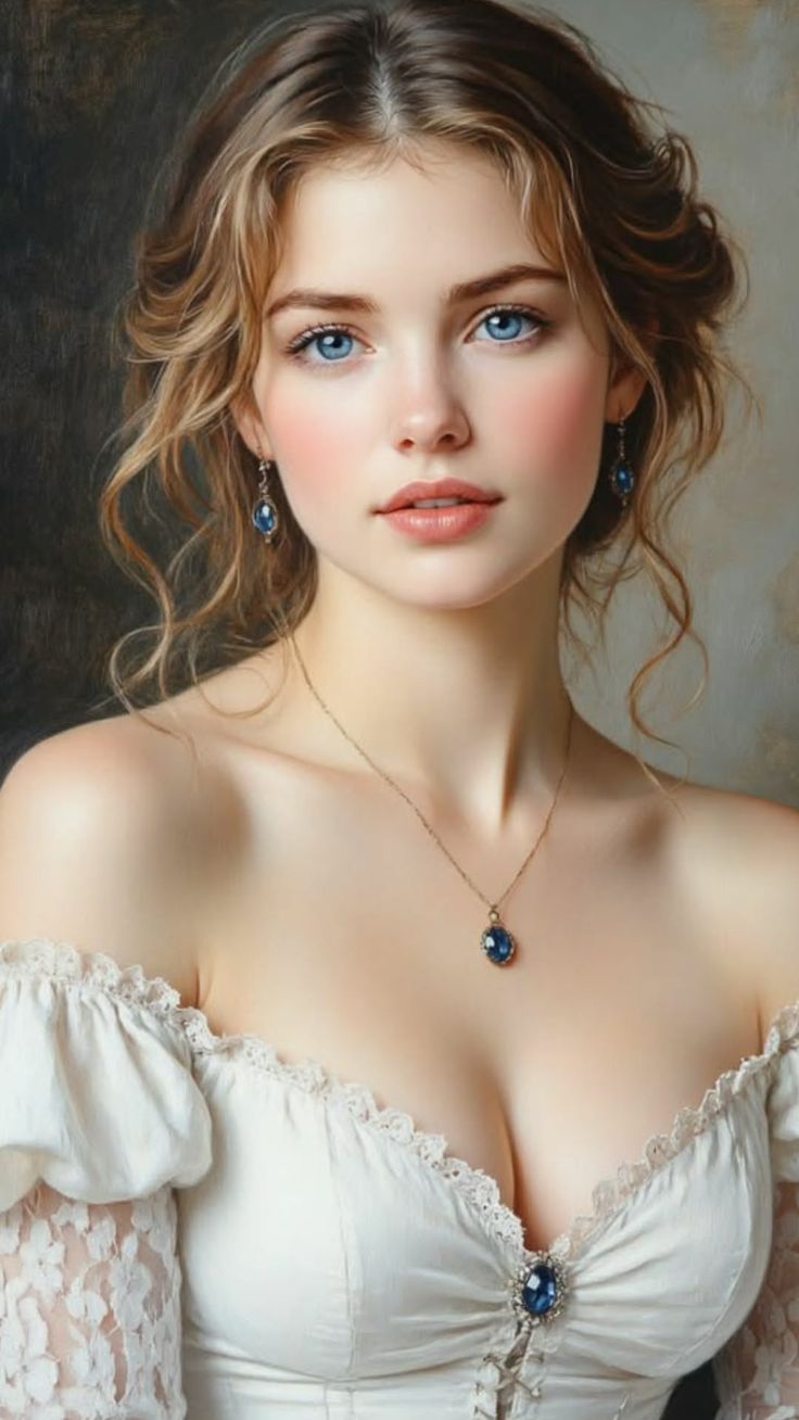 Woman with blonde hair and blue eyes wearing an off-shoulder dress and jewelry