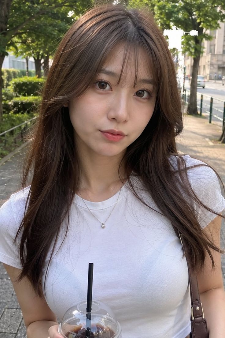 Woman with long brown hair in a white t-shirt holding a drink outdoors