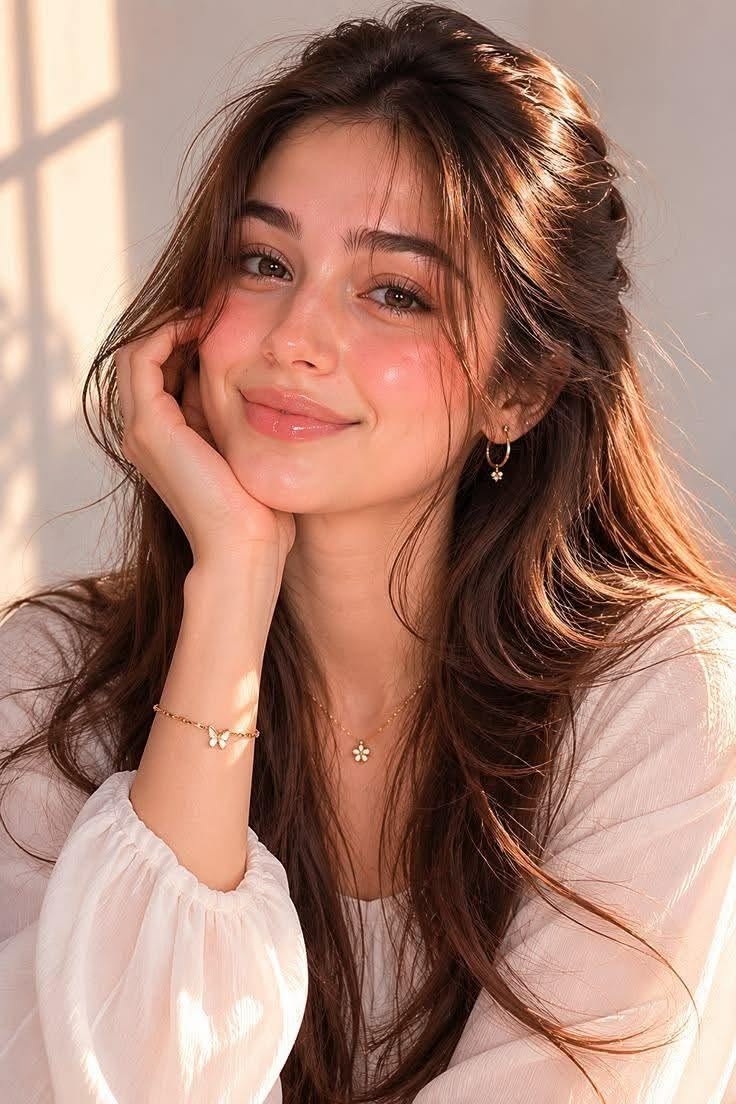 Woman with long brown hair wearing a white blouse and delicate jewelry