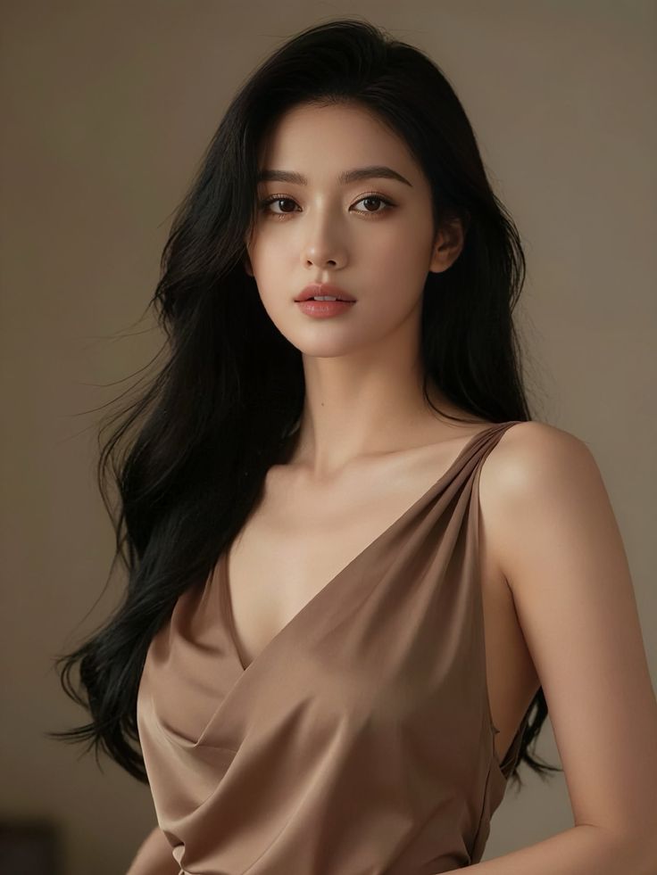 Woman with long black hair wearing a brown dress with exposed skin and cleavage