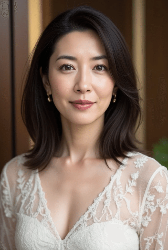Woman with dark short hair wearing a white lace dress with cleavage