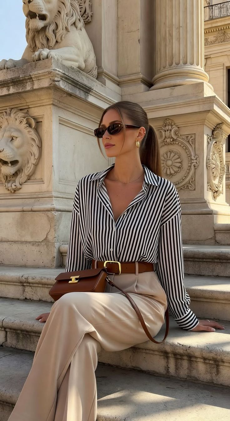 Woman in a striped shirt and beige pants sitting on stone steps next to a lion statue