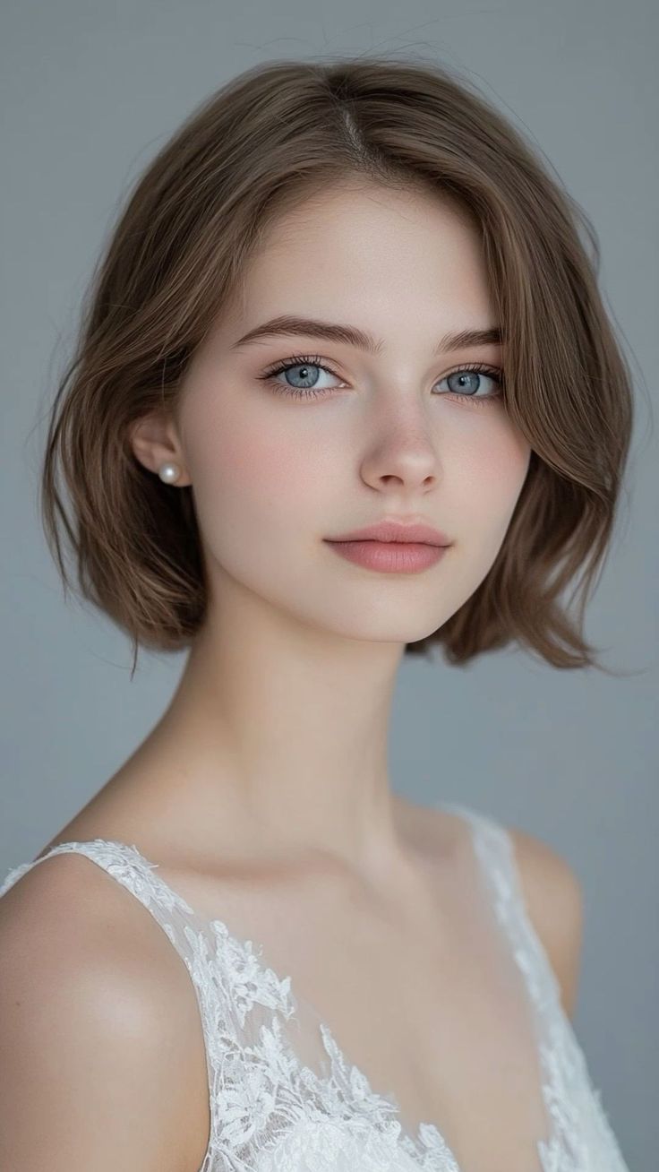 Woman with short brown hair and blue eyes wearing a white lace dress