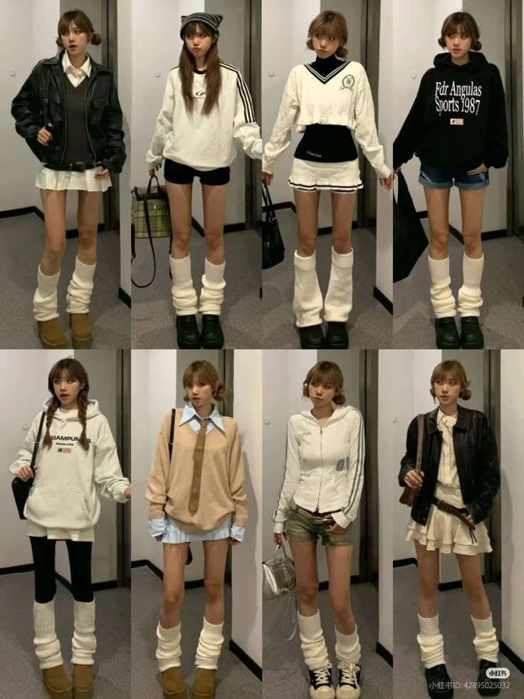 Multiple women posing in various casual outfits with leg warmers indoors