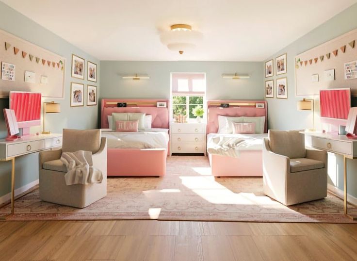 A pastel pink and blue bedroom with twin beds and vanity desks