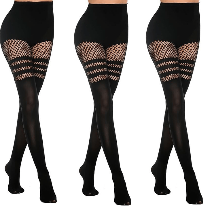 Three pairs of black thigh-high tights with fishnet and striped details